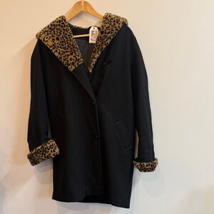 Leopard Trim Black Women's Coat faux fur lined women’s large vintage pea coat